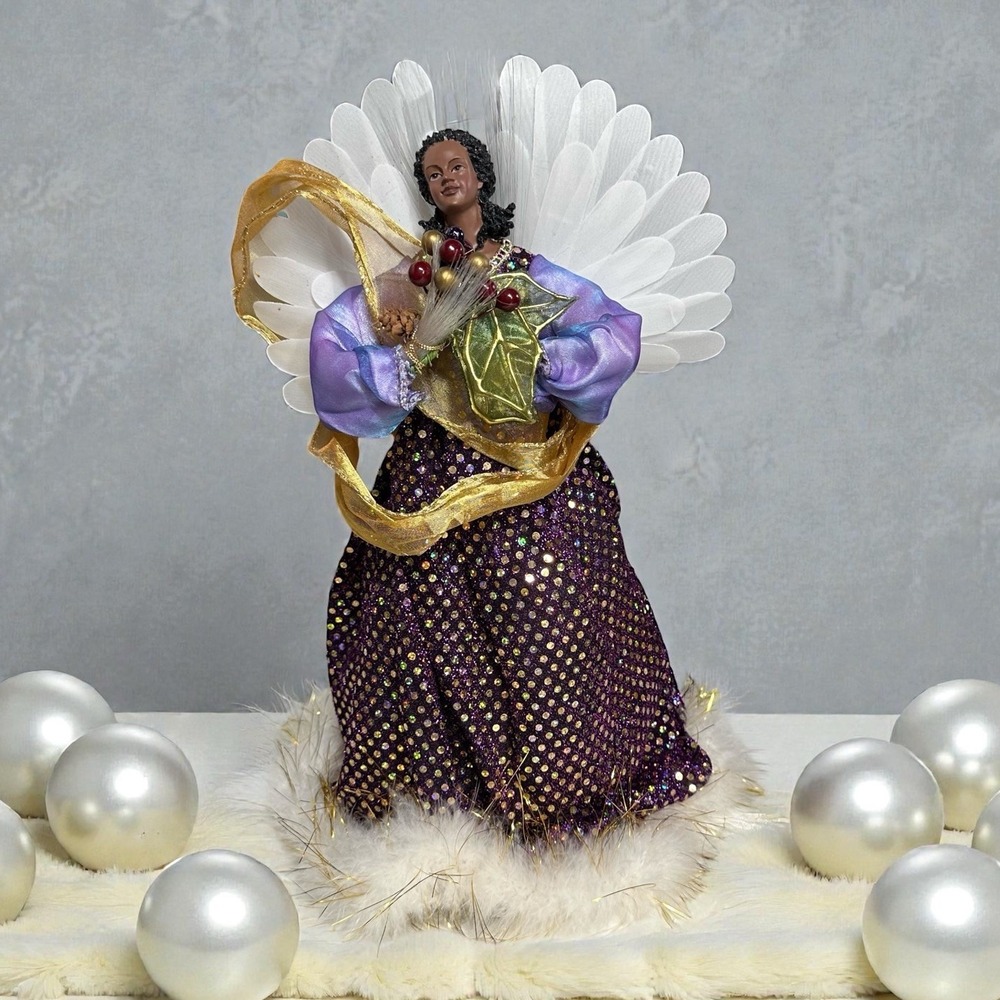 African American Christmas Angel Fiber Optic 15 Inch Purple Gold Sequins VTG 90s